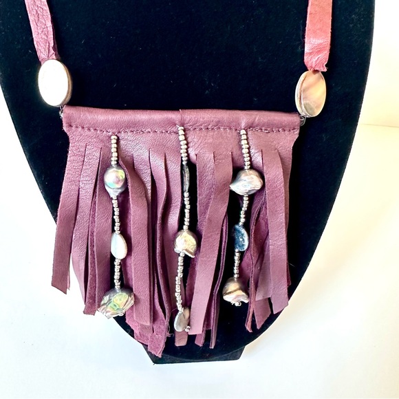 HANDMADE Maroon Fringe Leather with Pearls & Silver Beads Necklace - Picture 5 of 5